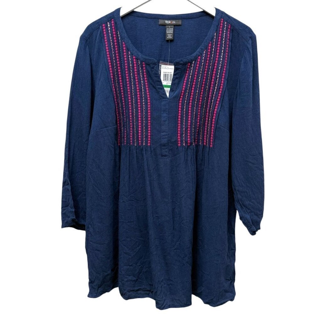 Style & Co. Womens Top Large Boho Blue Crinkle Cotton Viscose Tunic Blouse NEW